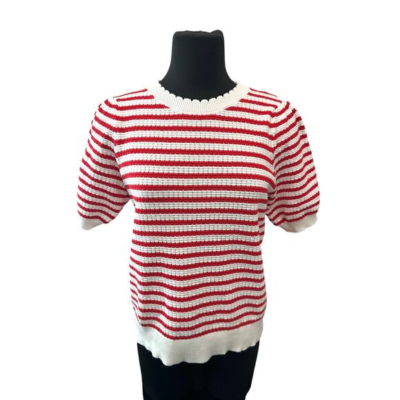 DRAPER JAMES | Red White Puff Sleeve Striped Knit Sweater Top | XL - Picture 3 of 8
